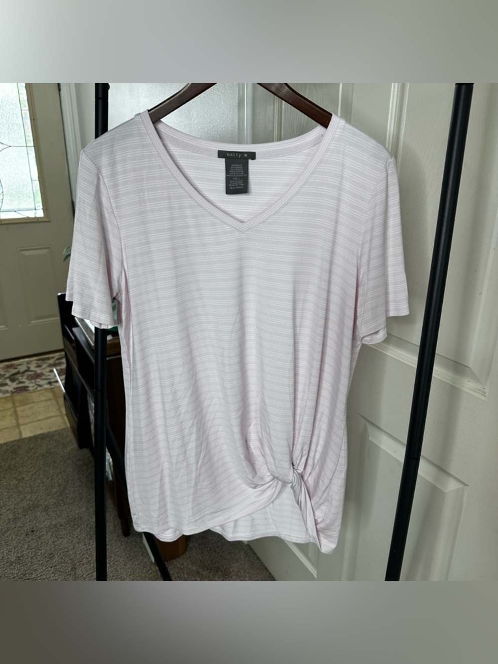 Matty M Light Pink Striped V-Neck Knot Front Tee 🛞